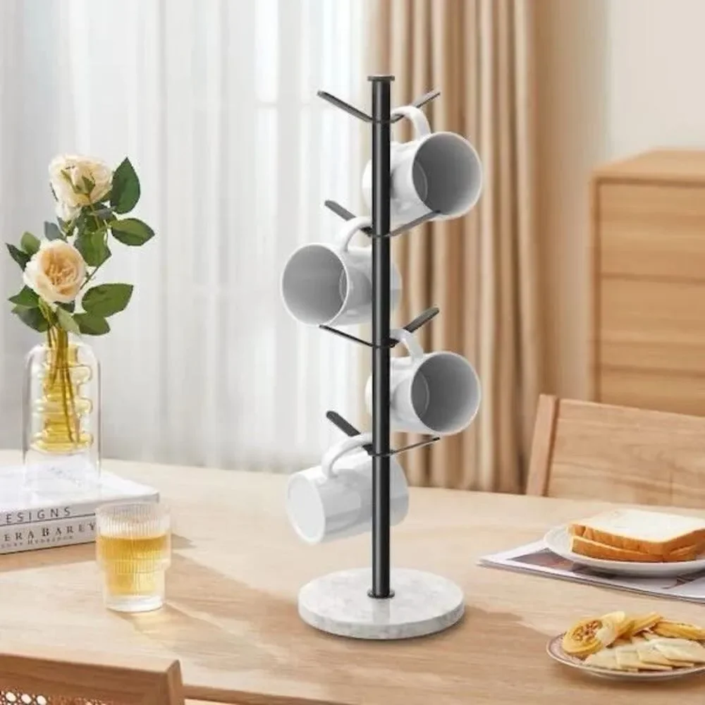 Matte Black Mug Tree w/ Marble Base 8 Hook  18”